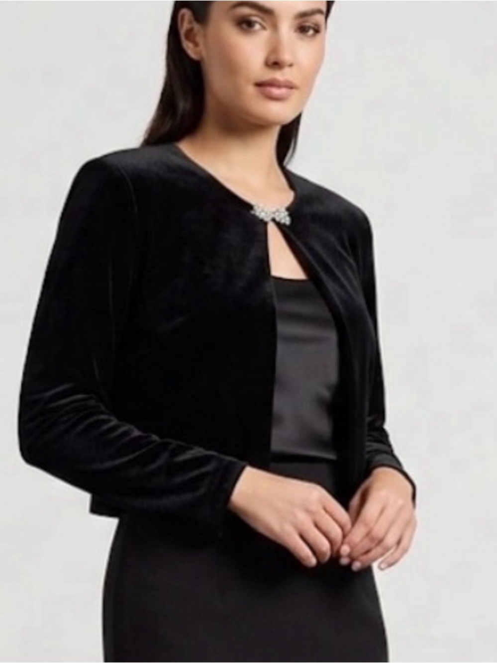 Vintage Black Velvet Bolero Jacket Shrug Size 6P Crystal Accent Dressy Going Out